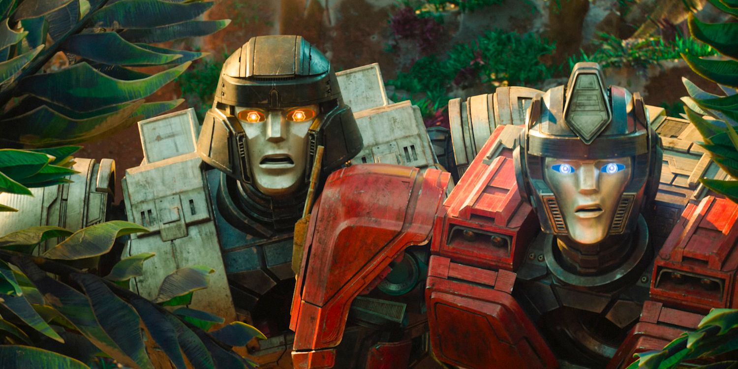 D-16 and Orion Pax emerge from the vegetation in Transformers One, surprised.