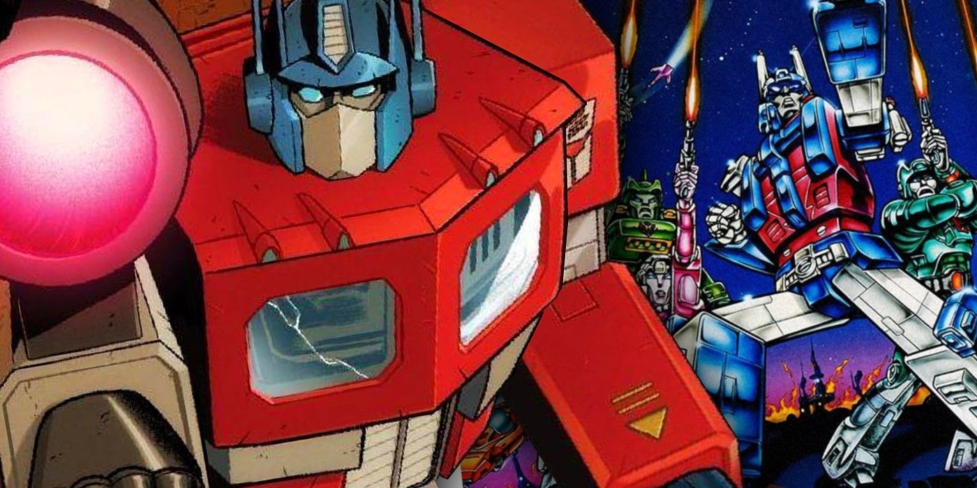 Optimus Prime (foreground, left) with the 1986 Transformers movie poster in the background (right).